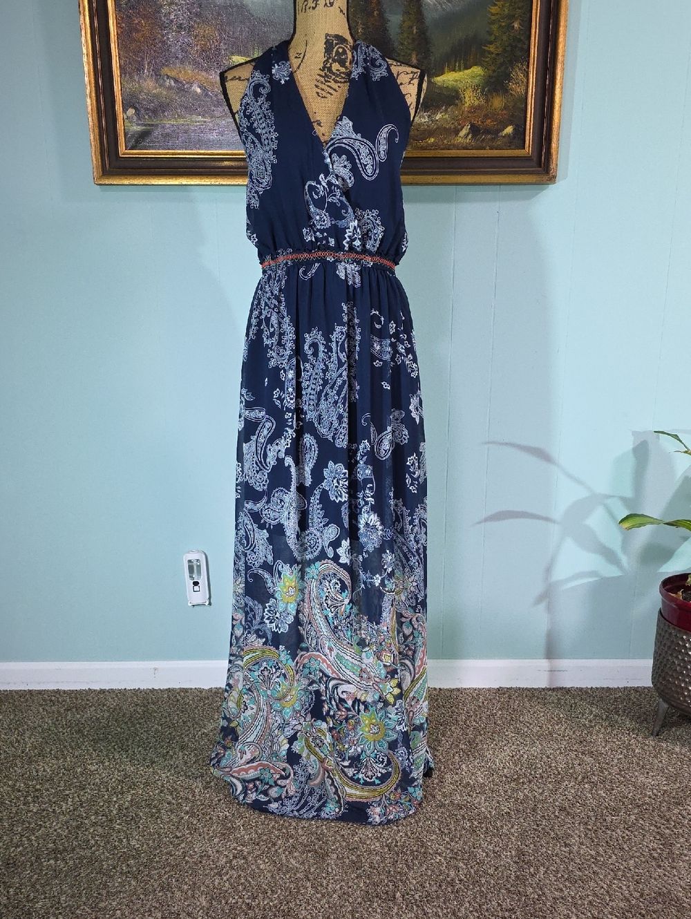 Soieblu Navy Paisley Print  Halter Maxi Dress